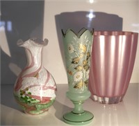 3 PINK & GREEN GLASS VASES