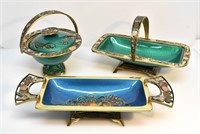 ISRAEL ENAMELED BLUE GREEN BRASS DISHES COLLECTION