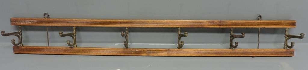 ANTIQUE WOOD AND BRASS WALL MOUNT COAT RACK