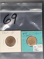 (2) 1864 UNITED STATES 2 CENT PIECES