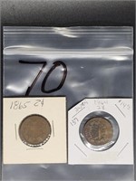 1834 & 1865 UNITED STATES 2 CENT PIECES