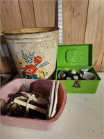 Vintage waste basket, sewing notions, & more