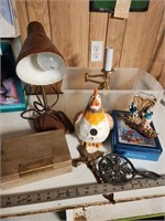 Vintage lot - lamp, chicken bird house, etc