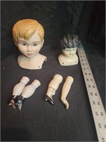 Vintage porcelain doll heads & misc parts