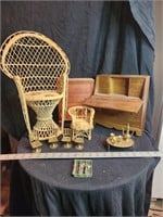 Wicker, brass, & wood doll furniture