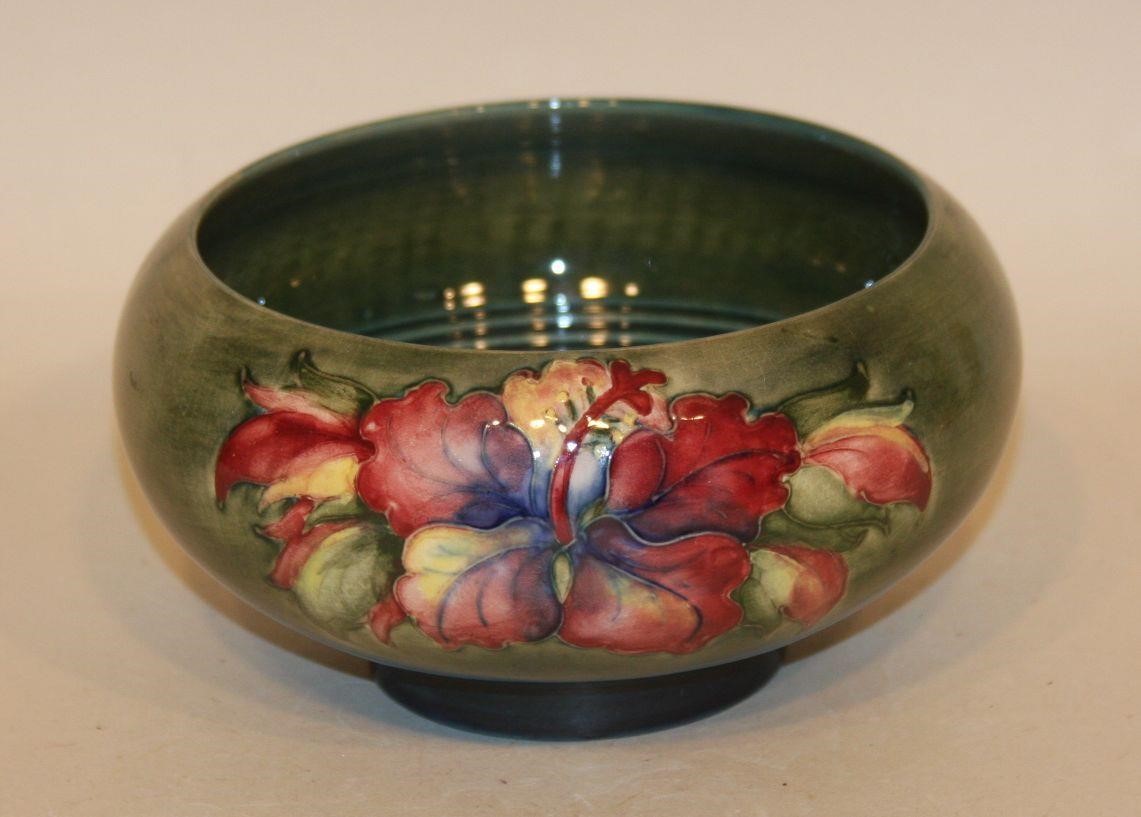 Moorcroft Pottery Green Bowl with Hibiscus Flowers
