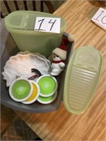 Plastic ware with lids, coasters