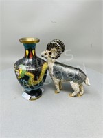 cloisonné vase & cloisonné Ram figure - 5"