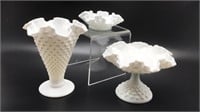3pcs White Milk Glass Hobnail Vase & Dishes