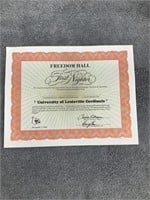 U of L Freedom Hall "First Nighter" Certificate