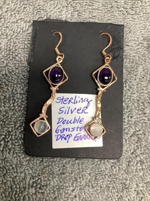 Sterling Silver Double Gemstone Drop Earrings