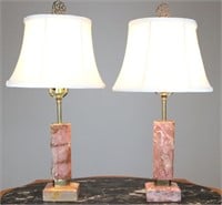 Pair of 1970s - 80s Pink Marble & Brass Lamps