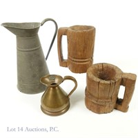 Hand Carved Wood Mugs (2) + Metal Pitchers (2)