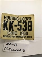 Celluloid 1938 Ohio hunting license tag