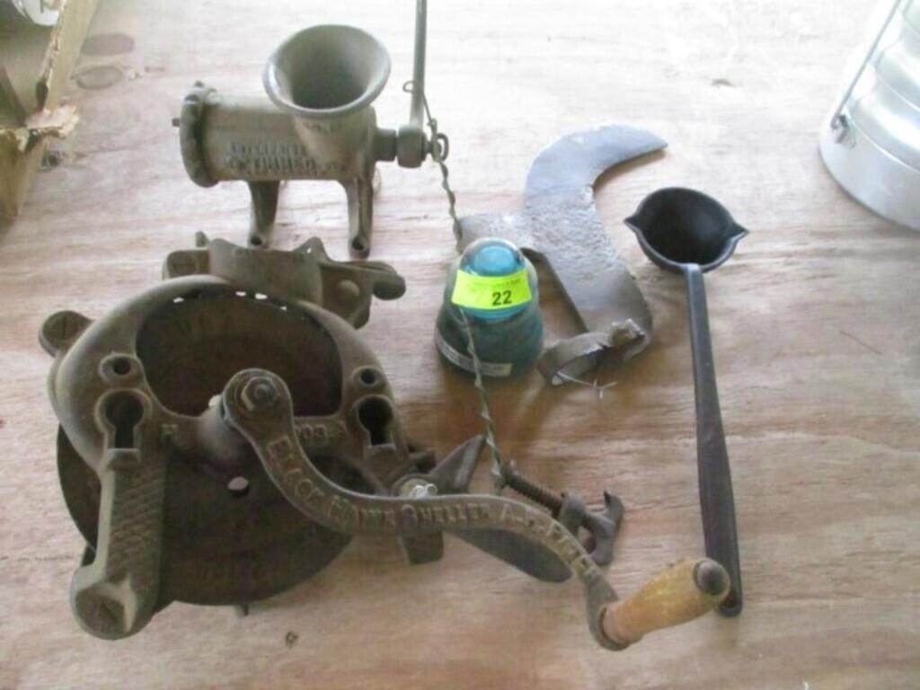 Old corn sheller, meat grinder, old tools