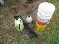 2 pump-up sprayers, buckets, insulator posts