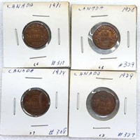 4 pièces de 1¢ CANADA 1928, 1929, 1931 et 1934