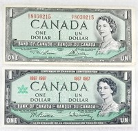 2x Billet UN DOLLAR canadien 1954 et 1867-1967