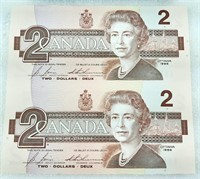 2x Billet DEUX DOLLARS canadiens 1986, NON COUPÉ