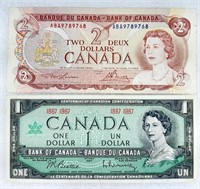 Billets DEUX DOLLARS 1974 et UN DOLLAR 1967 CANADA
