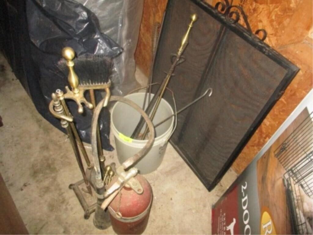 Fireplace tools, fire extinguisher, screen