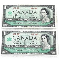 2x Billets UN DOLLAR 1867-1967, 100 ans du CANADA