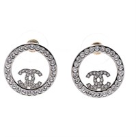 CHANEL Crystal CC Round Earrings Silver
