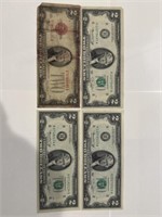 Red Seal $2 Bill & 3 $2 Bills