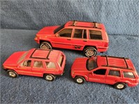 THREE RED JEEP TOY CARS 7", 4", & 4"