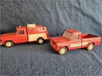 TWO VINTAGE RED TONKA JEEPS FIRE JEEP 9 3/4" AND