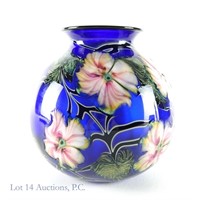 Charles Lotton Glass Cobalt Multi Flora Vase, Sgnd