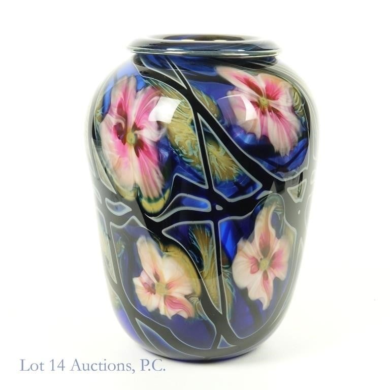 Charles Lotton Cobalt Vase Pink Multi Flora 1986