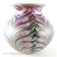 Daniel Lotton Glass Iridized Pink Fern Vase Signed