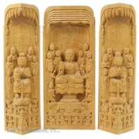 Buddhist Carved Wood Triptych (20th c)
