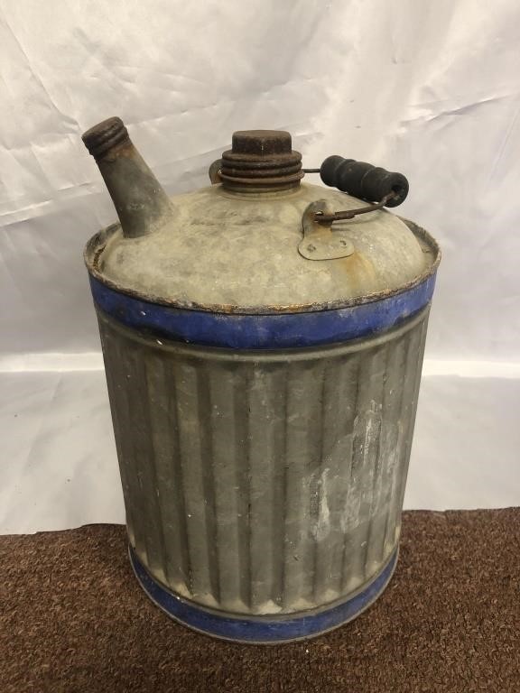 VINTAGE GALVANIZED METAL GAS CAN WITH WOODEN
