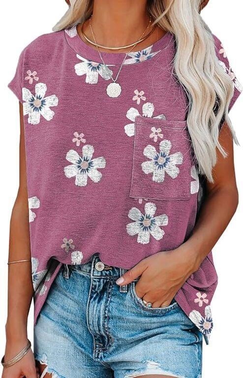 SHEWIN Womens Pink Floral Summer Top w/ Pocket, S
