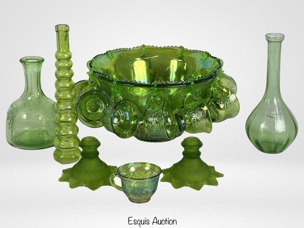 Indiana Glass Co Green Carnival Punch Bowl Set &