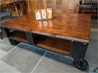 Industrial Wooden Coffee Table on Metal Rollers