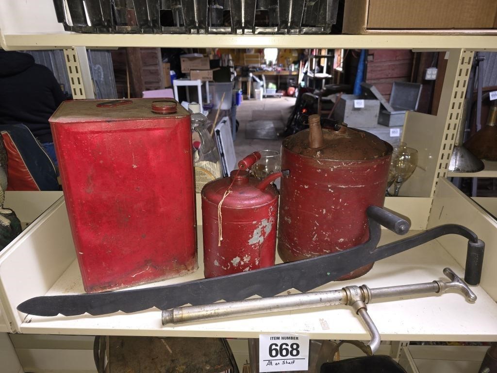 Vintage gas cans tallest 14" w/ pump & ice saw