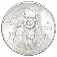 MEXICO 1978 100 PESOS SOLID SILVER COIN UNC