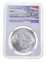 1921 MS62 Morgan Silver Dollar NGC 100th Coin