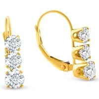 14K Yellow Gold 3-Stone Real Diamond Earrings