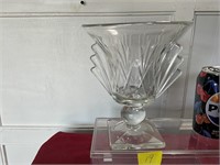 Heavy crystal vase with deco style handles 8” tall