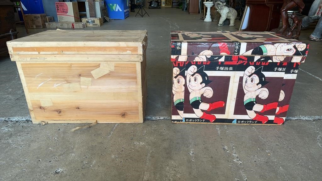 2 TIN LINED TRUNKS WITH ONE ASTRO BOY WRAPPED