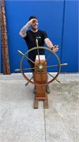 VINTAGE BRASS SHIPS WHEEL ON MAST STAND