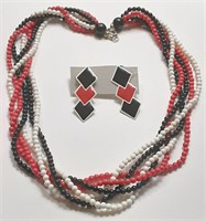 RED BLACK &WHITE NECKLACE &EARRINGS SET