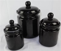 3pc Glazed Black Lidded Jars