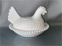 Vintage white milk glass nesting hen dish