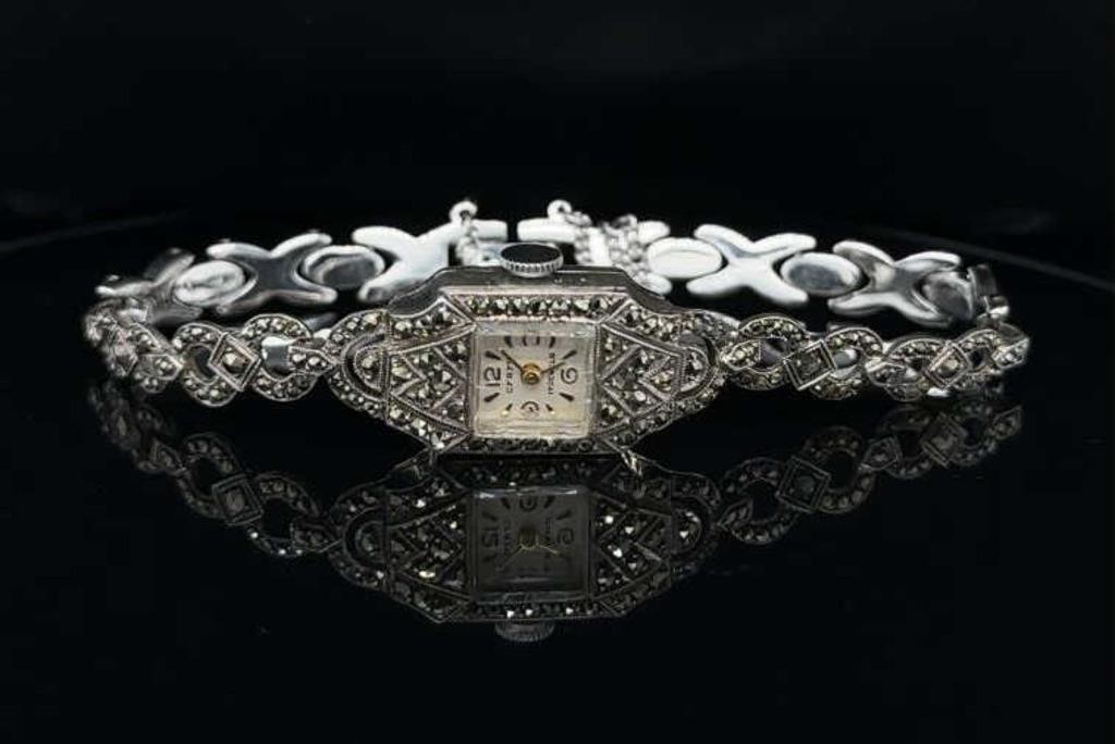 CYRYN 17 JEWEL SILVER & MARCASITE SWISS WATCH