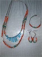 Turquoise and beaded Necklace, Earrings